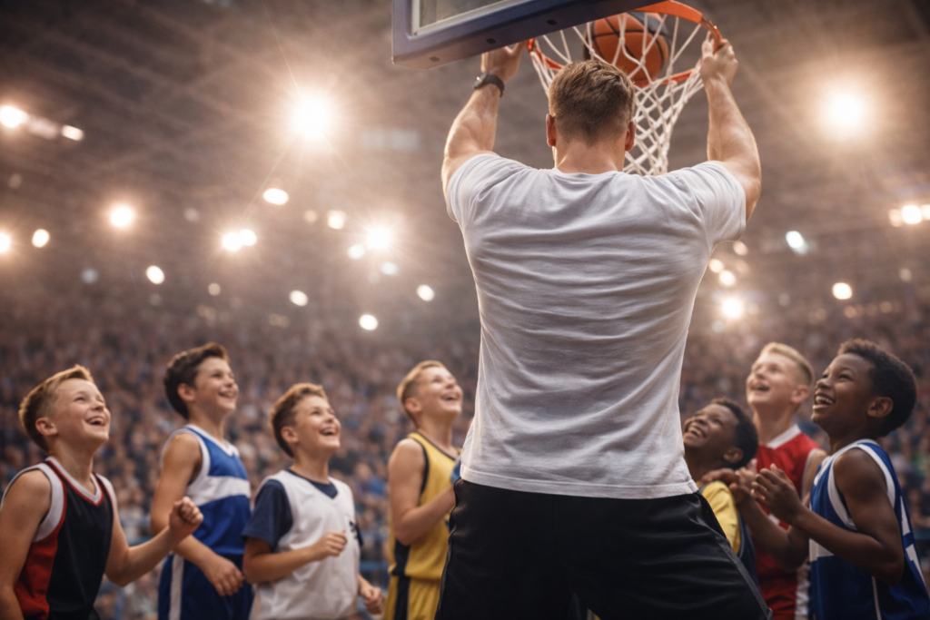 Coach playing basketball with kids as he dunks on them showing the health and vitality in retirement